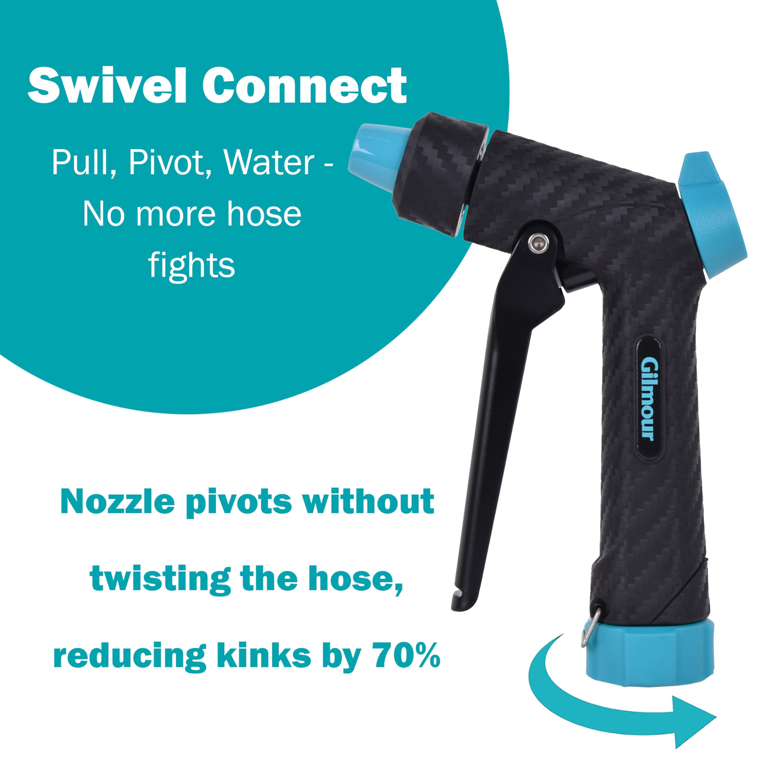 Gilmour Adjustable Front Control Hose Nozzle, Graphite Metal, Swivel Connect, Leak-Free Trigger, Ergonomic Grip, Jet-to-Rinse Spray Head - Image 3
