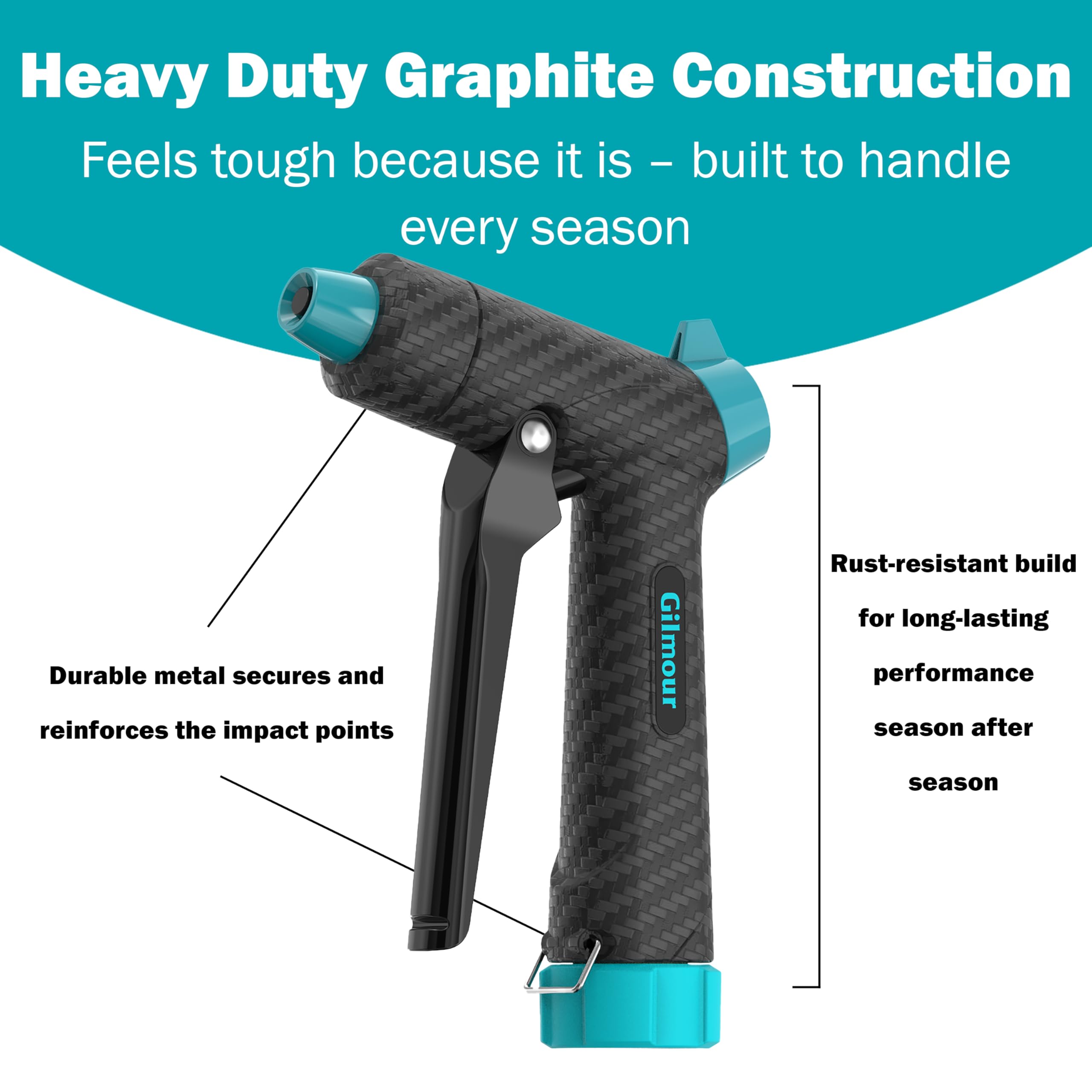 Gilmour Adjustable Front Control Hose Nozzle, Graphite Metal, Swivel Connect, Leak-Free Trigger, Ergonomic Grip, Jet-to-Rinse Spray Head - Image 4