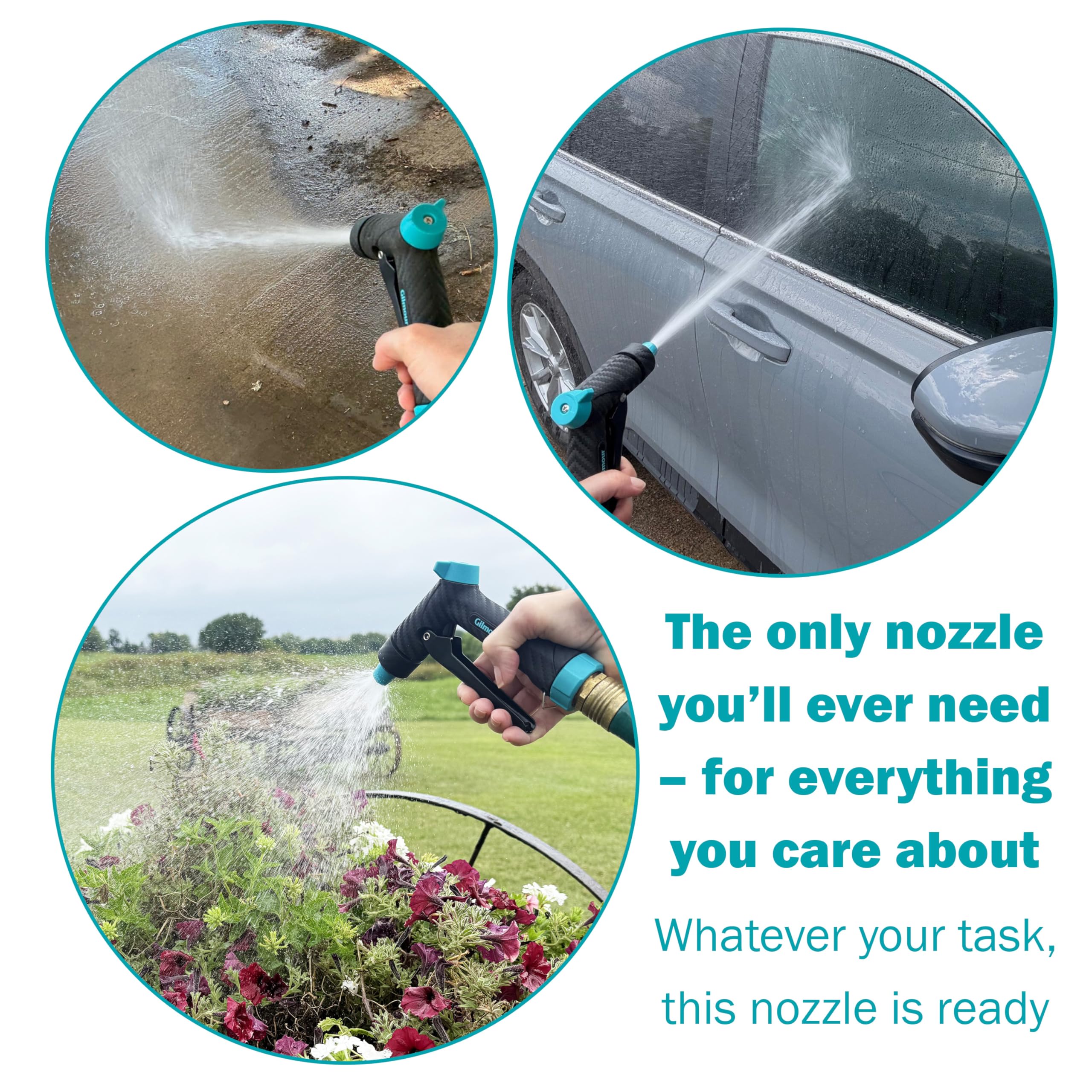 Gilmour Adjustable Front Control Hose Nozzle, Graphite Metal, Swivel Connect, Leak-Free Trigger, Ergonomic Grip, Jet-to-Rinse Spray Head - Image 7