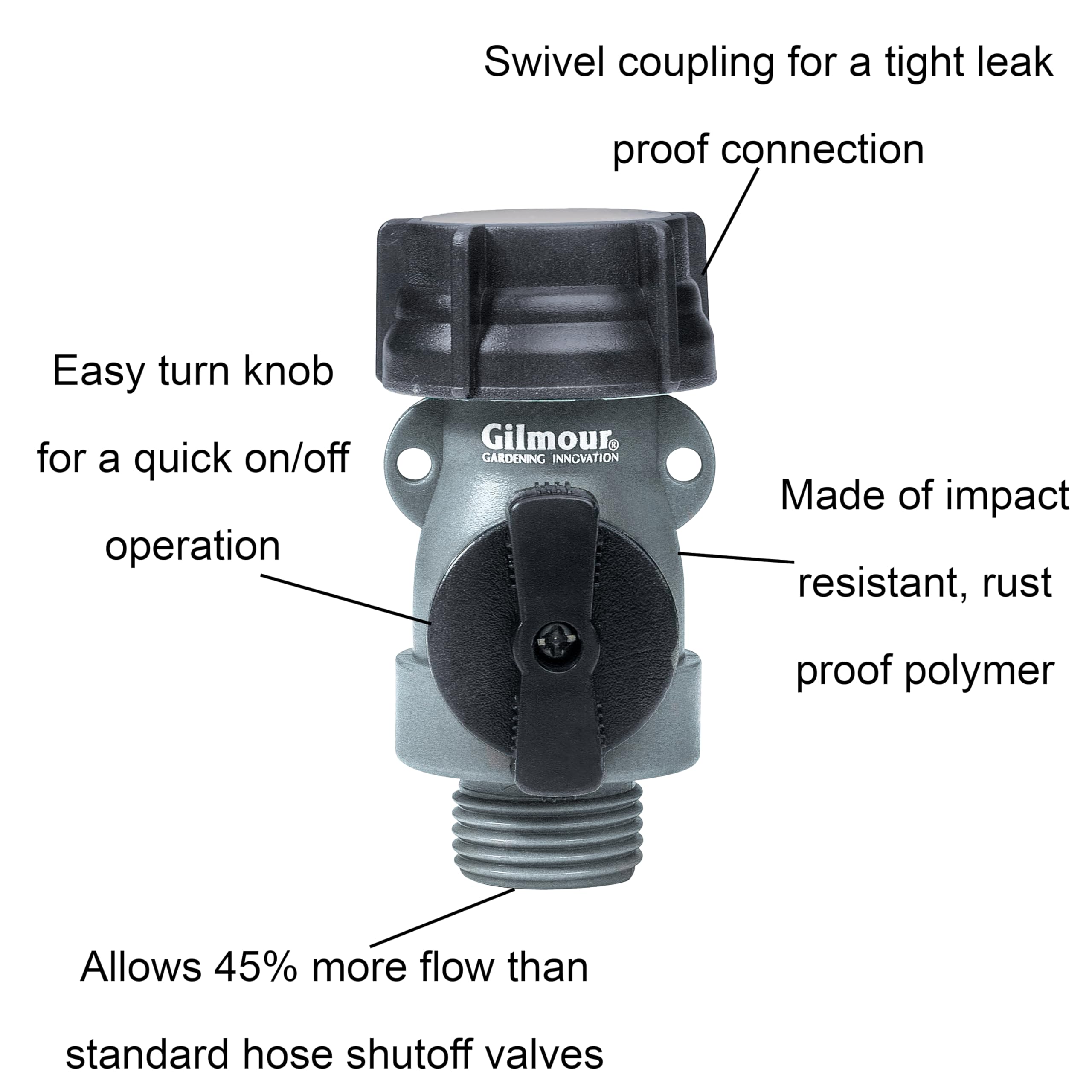 Gilmour Full Flow Garden Hose Shut Off Valve, Rust Proof Single Water Shut Off Valve, Gray - Image 3