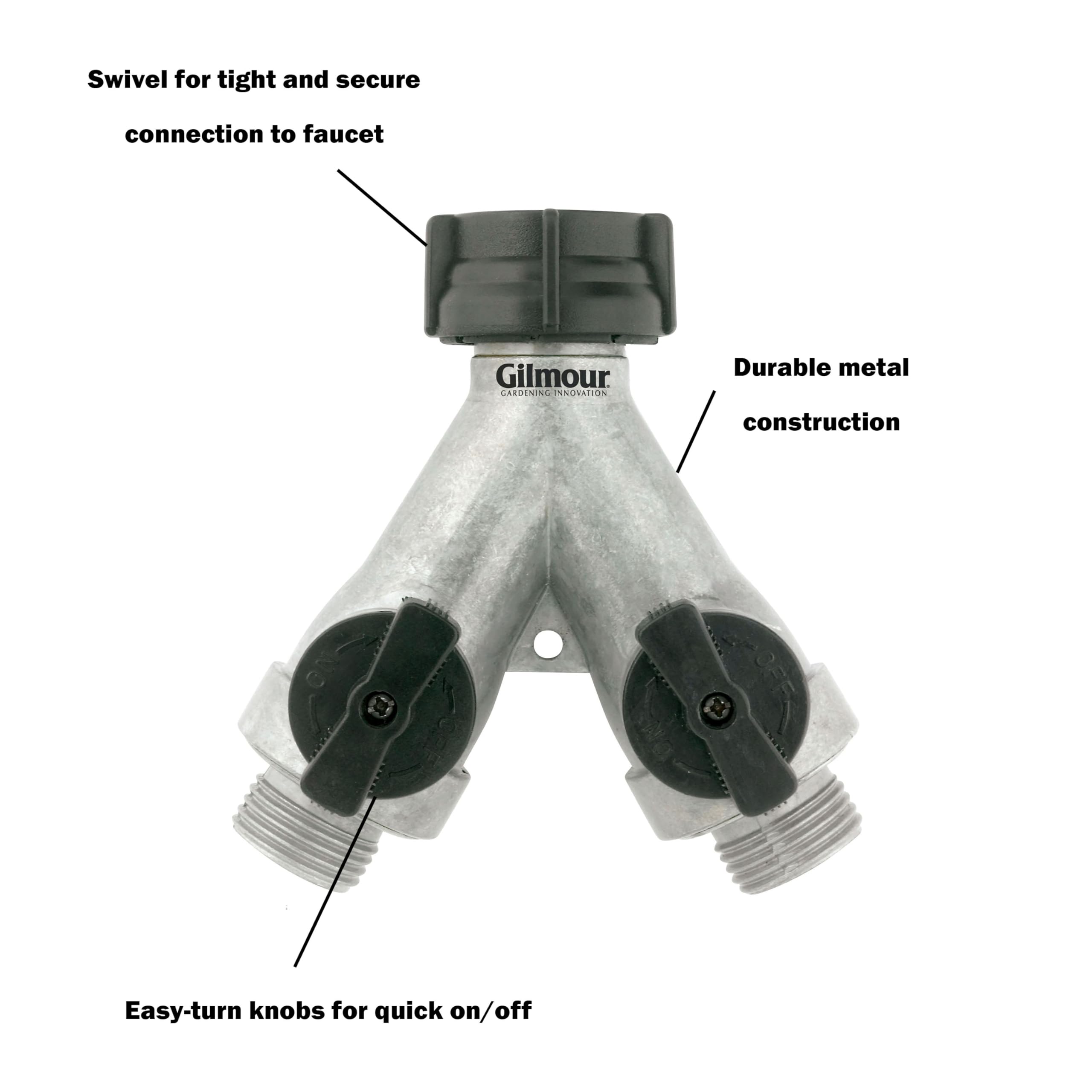 Gilmour Heavy Duty 2 Way Garden Hose Splitter, Dual Water Hose Splitter with Shut Off Valve, Metal Water Manifold - Image 3