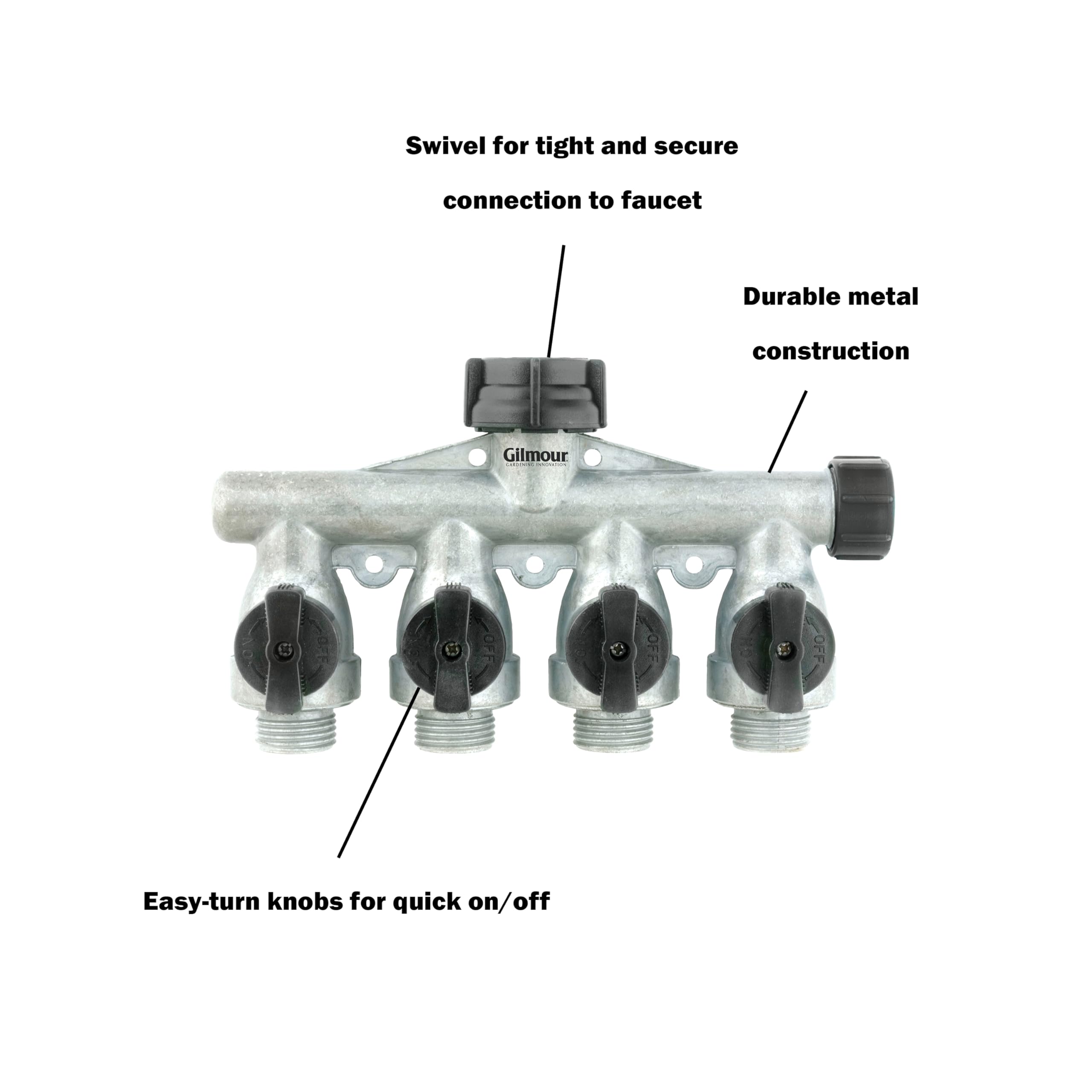 Gilmour Heavy Duty 4 Way Garden Hose Splitter, Quad Water Hose Splitter with Shut Off Valve, Metal Water Manifold, Aluminum - Image 3