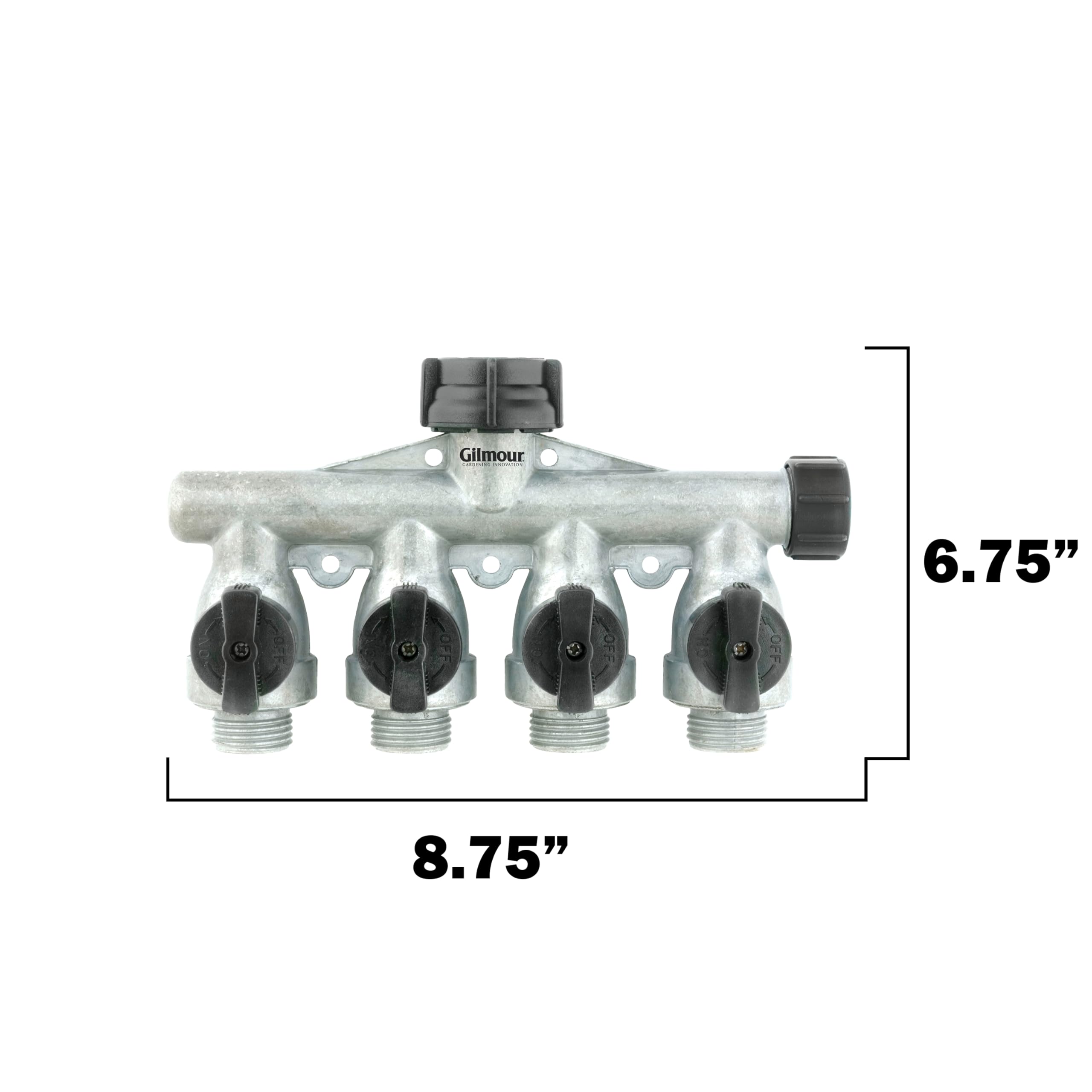 Gilmour Heavy Duty 4 Way Garden Hose Splitter, Quad Water Hose Splitter with Shut Off Valve, Metal Water Manifold, Aluminum - Image 4