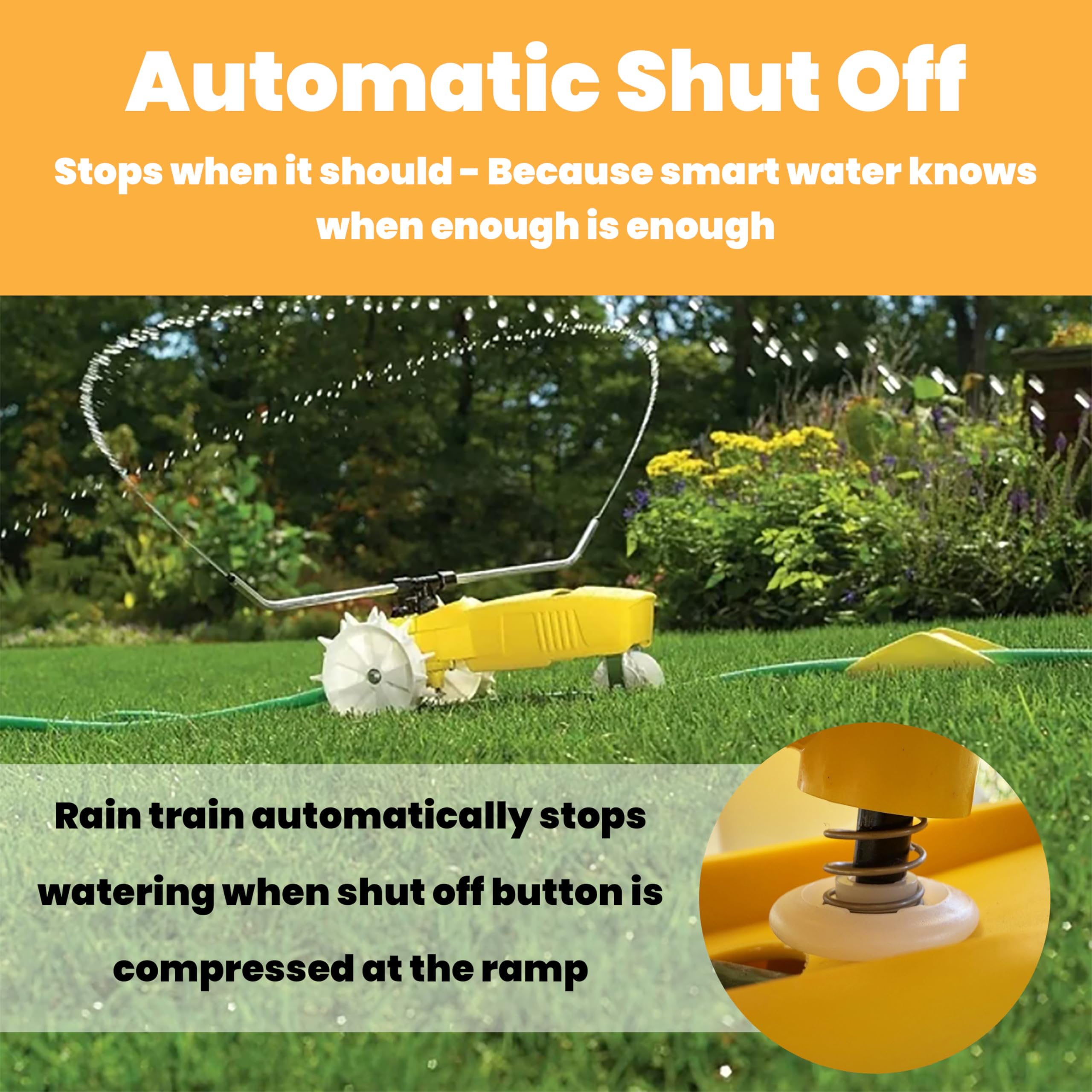 Nelson Rain Train 13,500 Square Feet Cast Iron Outdoor Lawn Traveling Water Sprinkler for Yard, and Garden, with Auto Shut Off, Yellow - Image 4